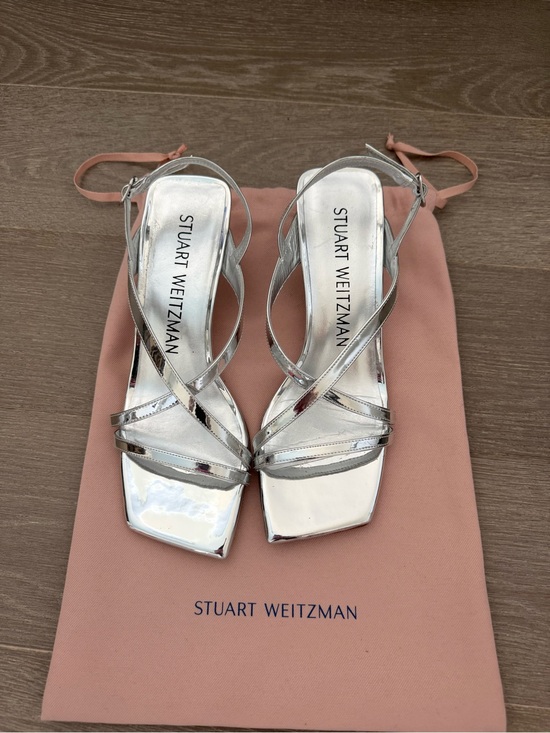 Stuart Weitzman Shoes - Stuart Weitzman Metallic Silver Strappy Square-Toe Heels